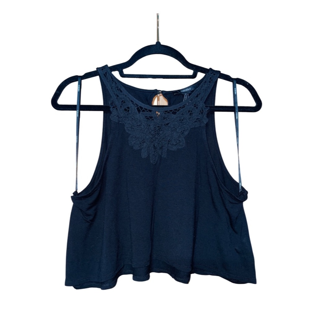 F21 Black Embroidered Crop Top - Black - Size S